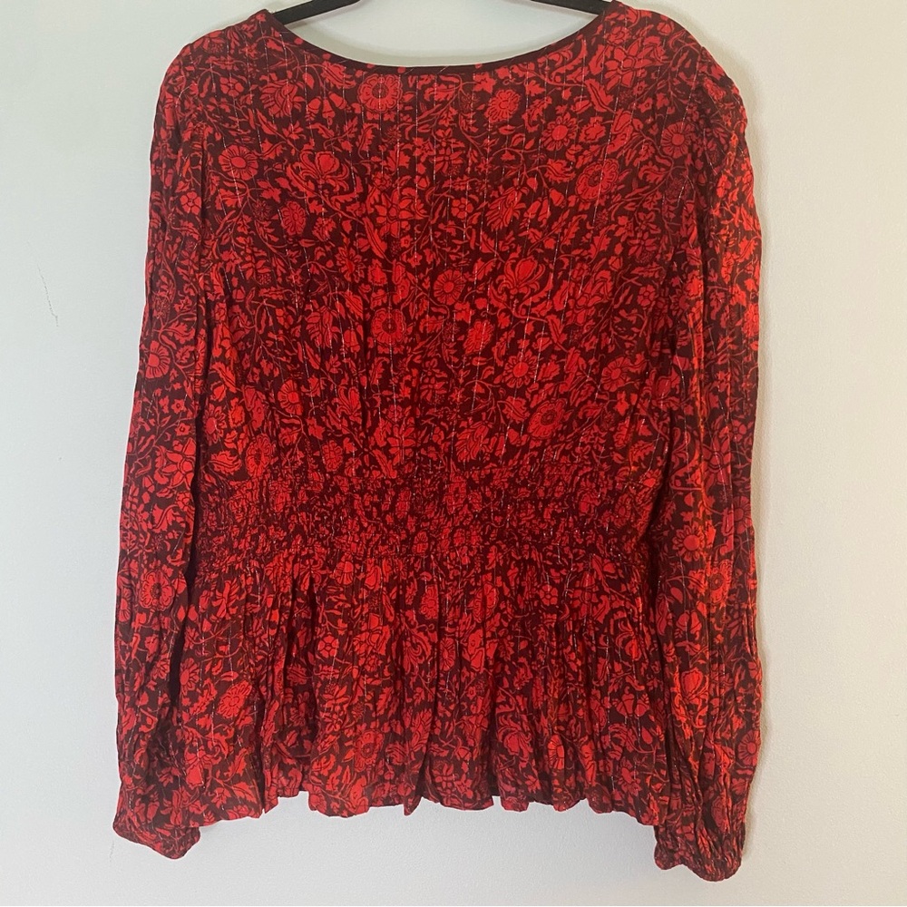 Knox Rose Red Floral Peplum Blouse Long Sleeve Balloon Size XXL - Picture 7 of 11